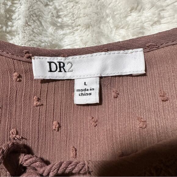 DR2 by Daniel Rainn Size L Brown Tassel Clip Dot Blouse Peasant Top Boho Neutral - Picture 7 of 12